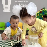 Children play with a chess set.